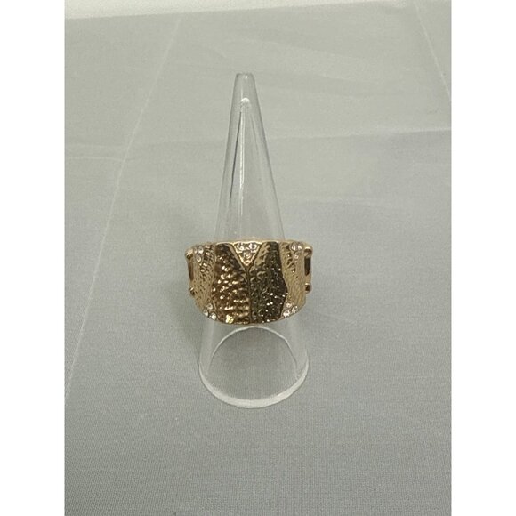 Gold-Tone Statement Ring With Rhinestones & Textured Detail - Picture 3 of 6
